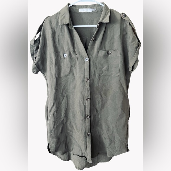 Mustard Seed Army Green Short Sleeve Button Down Shirt Dress - Picture 3 of 8